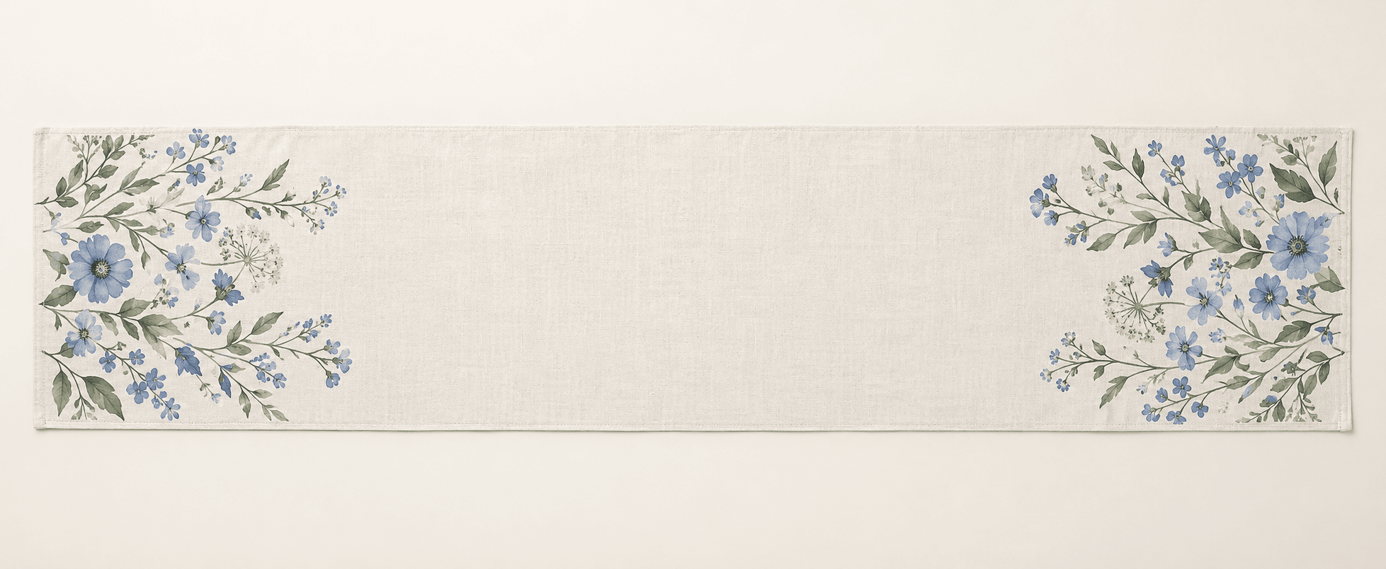 Blue Garden Table Runner in ivory, cornflower blue and sage — design visualization