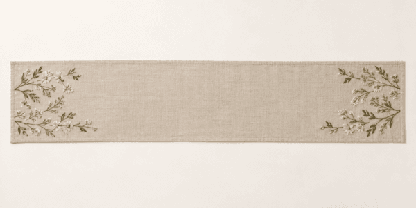 Meadow Sprig Table Runner in flax, olive and cream — design visualization