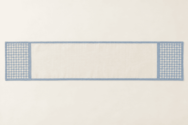 Cottage Check Table Runner in cream and soft blue — design visualization