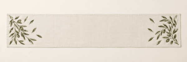 Olive Branch Table Runner in ivory and olive — design visualization