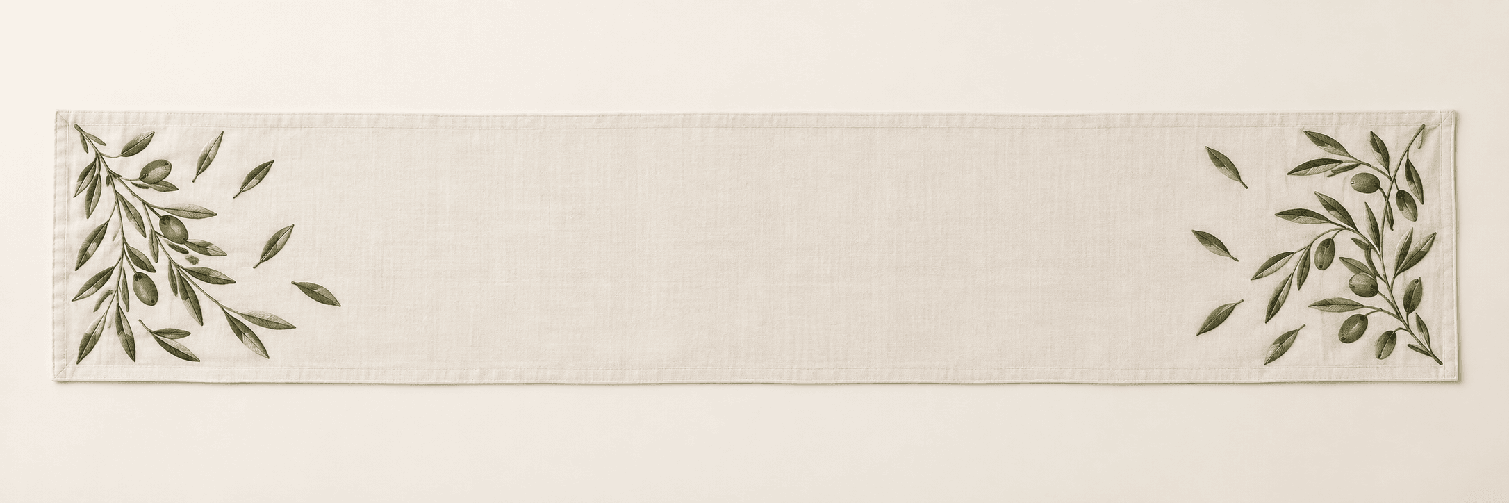 Olive Branch Table Runner in ivory and olive — design visualization