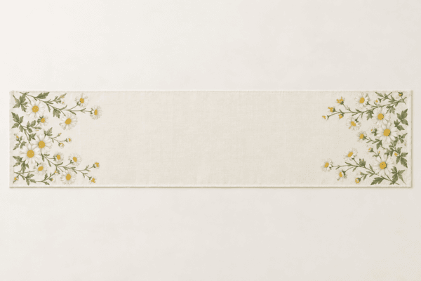 Daisy Morning Table Runner in ivory, butter yellow and green — design visualization