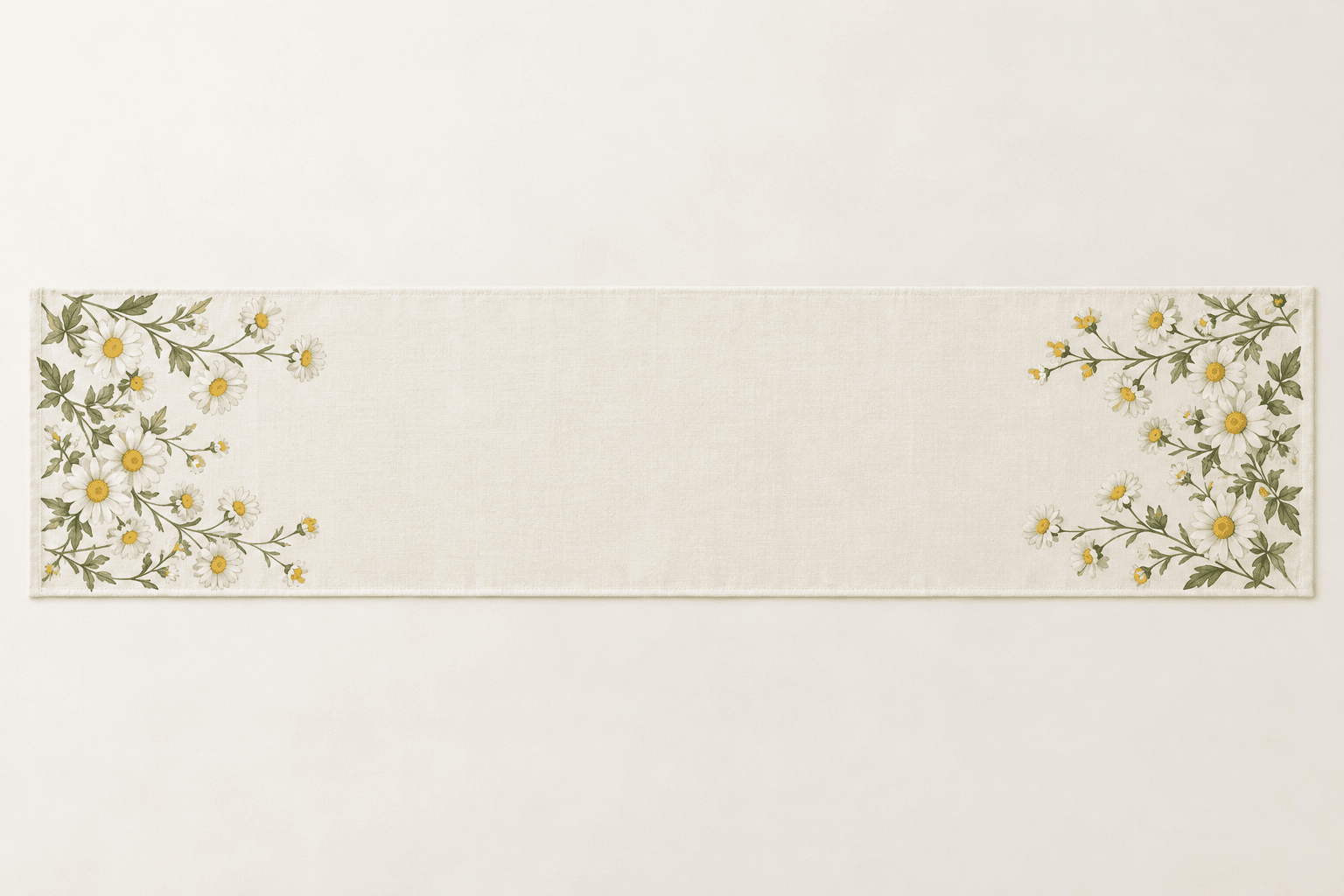Daisy Morning Table Runner in ivory, butter yellow and green — design visualization