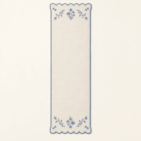Cornflower Scallop Table Runner in cream and blue — design visualization