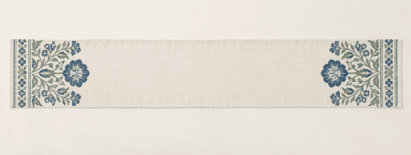 Garden Blockprint Table Runner in ivory, indigo and sage — design visualization