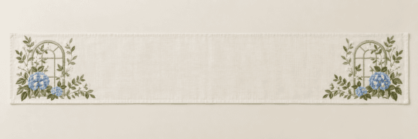 Botanical Window Table Runner in ivory, green and soft blue — design visualization
