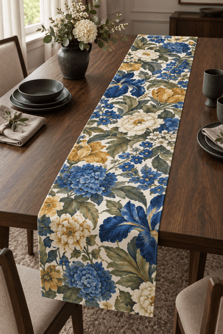 Garden Abundance — Table Runners in cobalt, olive, ochre, ivory in a styled setting — design visualization