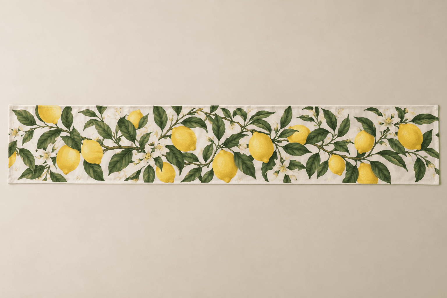 Lemon Grove — Table Runners in lemon yellow, deep green, cream — design visualization