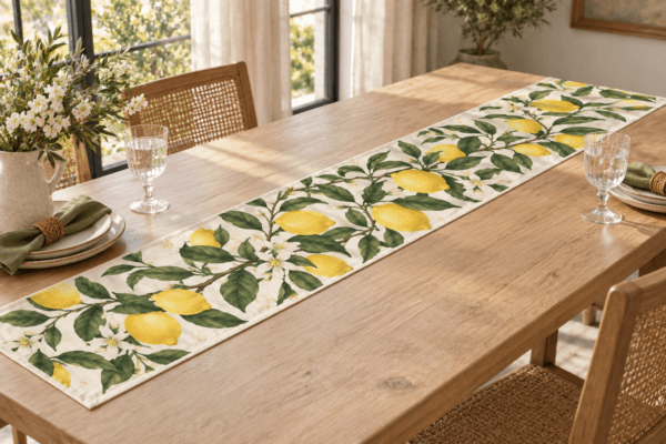 Lemon Grove — Table Runners in lemon yellow, deep green, cream in a styled setting — design visualization