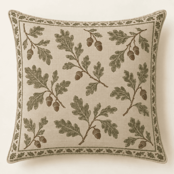 Woodland Oak Decorative Pillow Cover in flax, chestnut and sage — design visualization