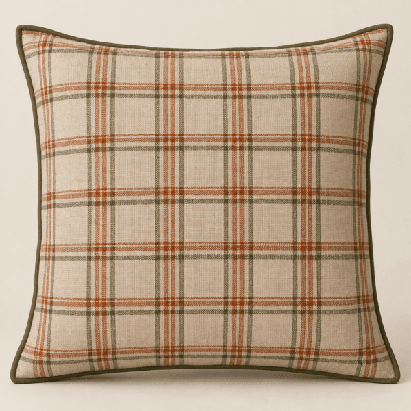 Gathering Plaid Decorative Pillow Cover in oatmeal, burnt orange and olive — design visualization