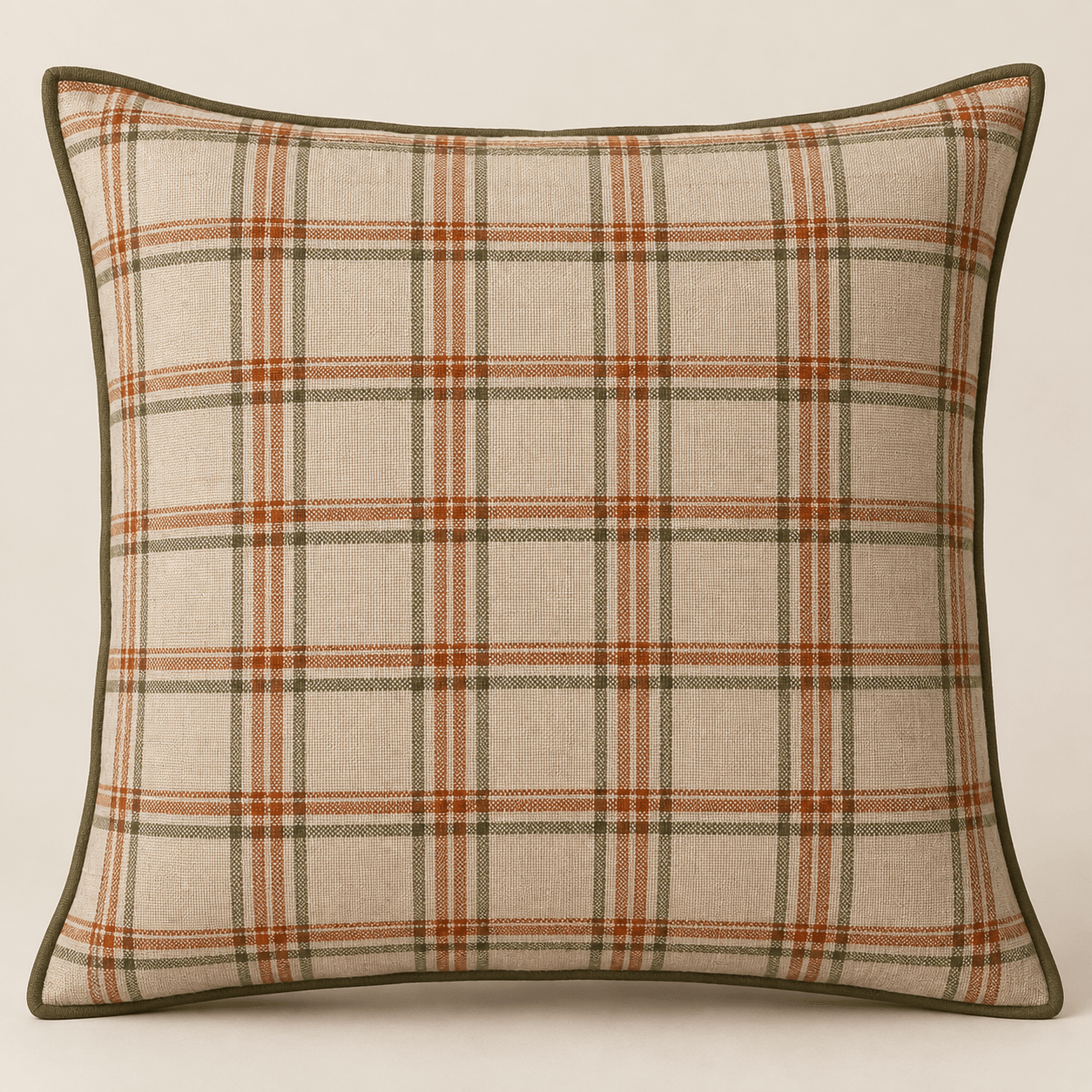Gathering Plaid Decorative Pillow Cover in oatmeal, burnt orange and olive — design visualization