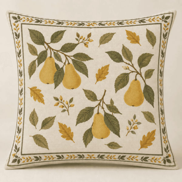 Autumn Pear Decorative Pillow Cover in cream, gold and olive — design visualization