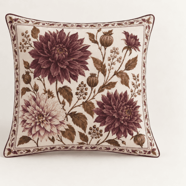 Mulberry Harvest Decorative Pillow Cover in warm white, plum and tobacco — design visualization