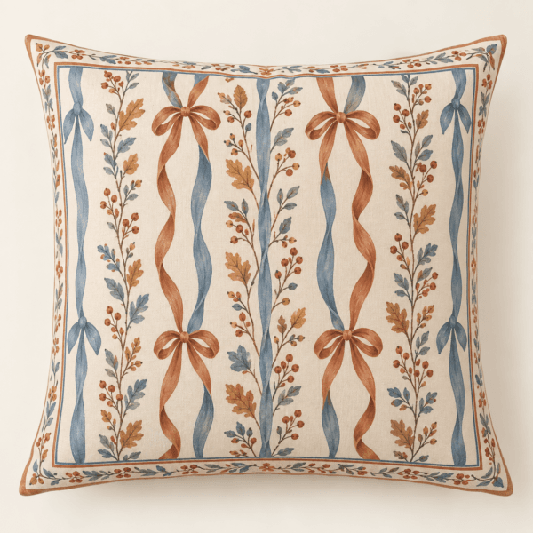 Cider Ribbon Decorative Pillow Cover in cream, copper and dusty blue — design visualization