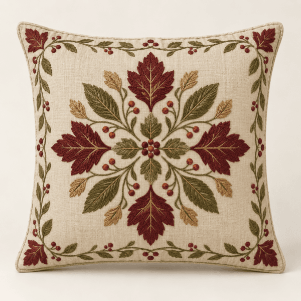 Harvest Medallion Decorative Pillow Cover in flax, burgundy and olive — design visualization