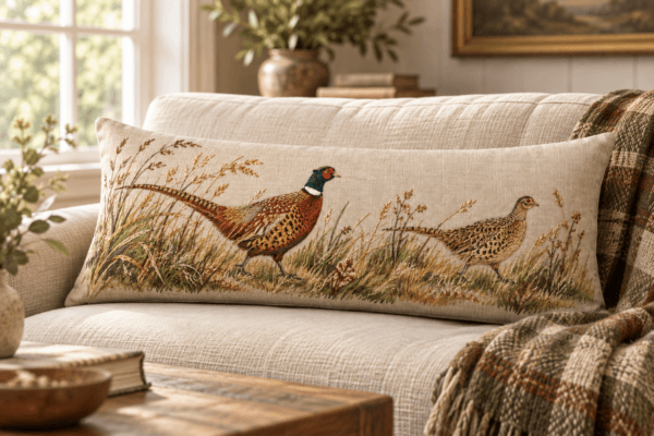 Pheasant Walk — Decorative Pillows in russet, olive, gold, natural linen in a styled setting — design visualization