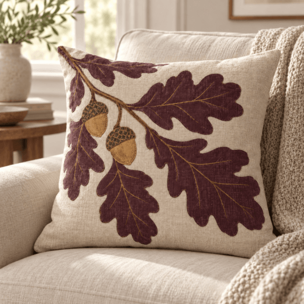 Oak Leaf Study — Decorative Pillows in deep plum, antique gold, oatmeal in a styled setting — design visualization