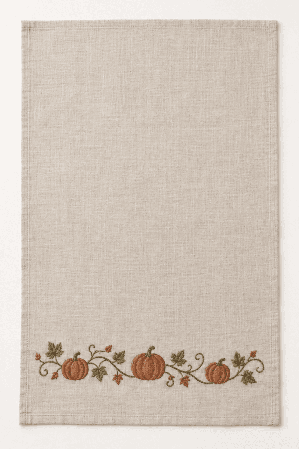Harvest Vine Kitchen Towel in oatmeal, rust and olive — design visualization