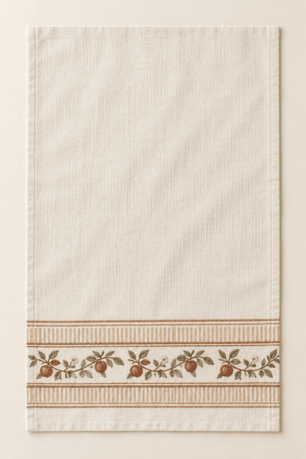 Orchard Stripe Kitchen Towel in cream, cider and moss — design visualization
