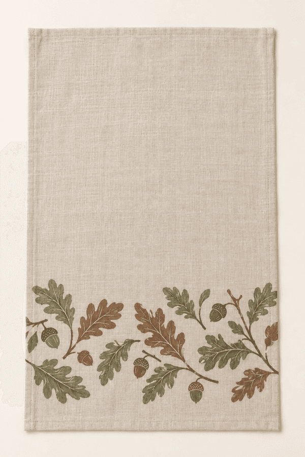 Woodland Oak Kitchen Towel in flax, chestnut and sage — design visualization