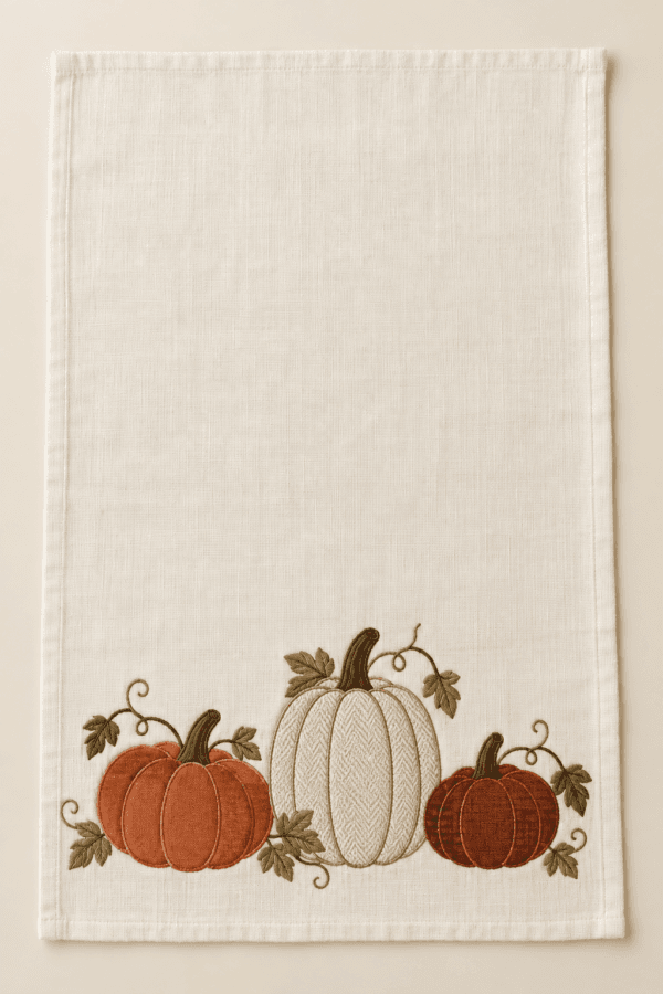 Heirloom Pumpkin Kitchen Towel in ivory, terracotta and brown — design visualization