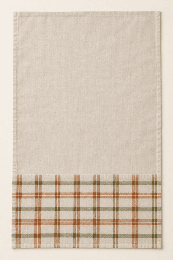 Gathering Plaid Kitchen Towel in oatmeal, burnt orange and olive — design visualization