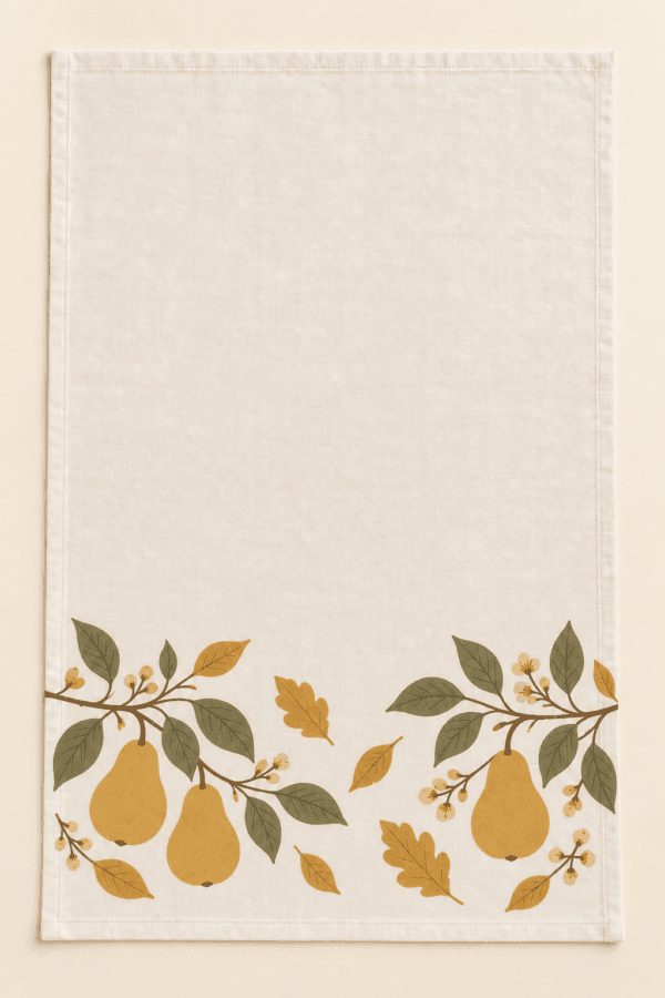Autumn Pear Kitchen Towel in cream, gold and olive — design visualization