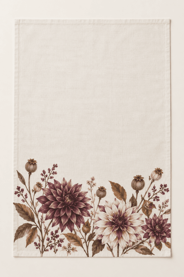 Mulberry Harvest Kitchen Towel in warm white, plum and tobacco — design visualization