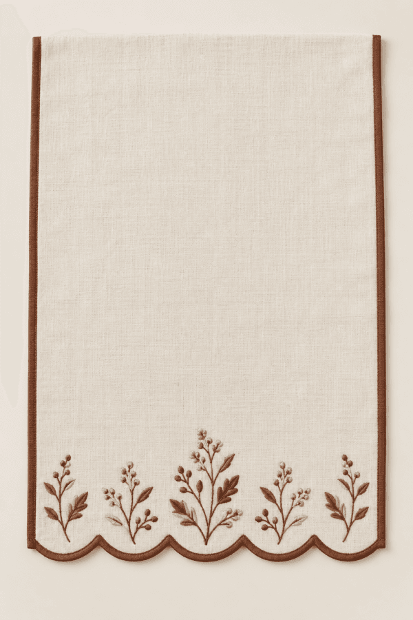 Chestnut Scallop Kitchen Towel in ivory and chestnut — design visualization