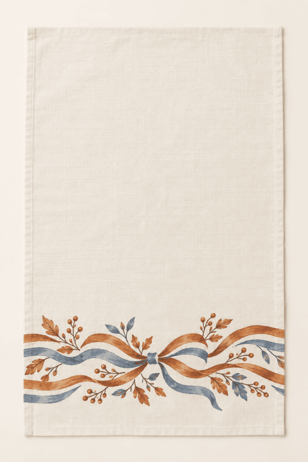 Cider Ribbon Kitchen Towel in cream, copper and dusty blue — design visualization