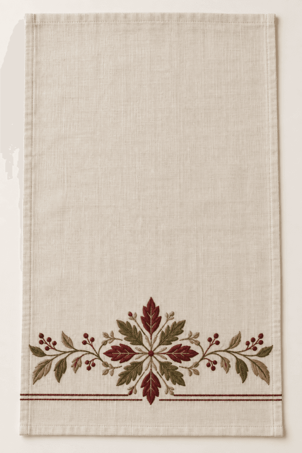 Harvest Medallion Kitchen Towel in flax, burgundy and olive — design visualization