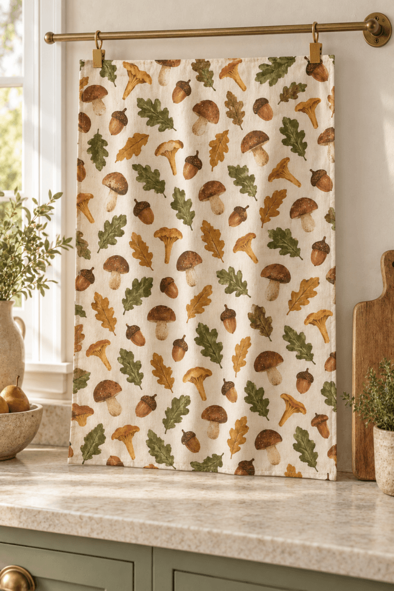 Forest Pantry — Kitchen Towels in chestnut, moss, ochre, cream in a styled setting — design visualization
