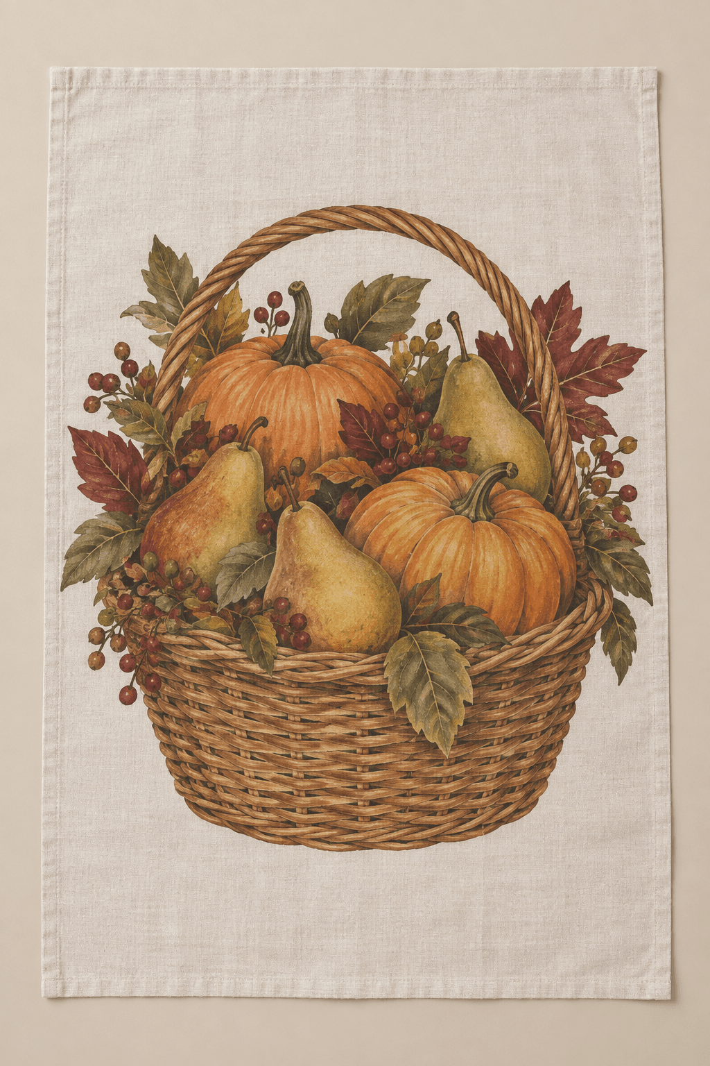 Harvest Still Life — Kitchen Towels in burnt orange, olive, burgundy, flax — design visualization