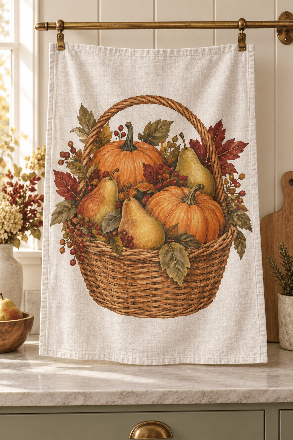 Harvest Still Life — Kitchen Towels in burnt orange, olive, burgundy, flax in a styled setting — design visualization