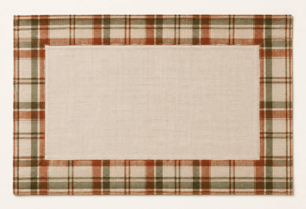Gathering Plaid Placemat in oatmeal, burnt orange and olive — design visualization