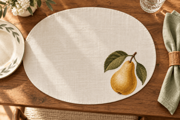 Golden Pear Corner — Placemats in gold, dark olive, ivory in a styled setting — design visualization