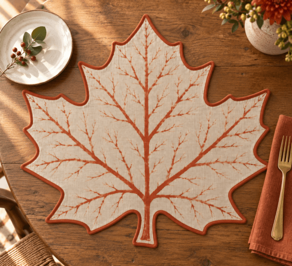 Maple Silhouette — Placemats in copper and pale flax in a styled setting — design visualization