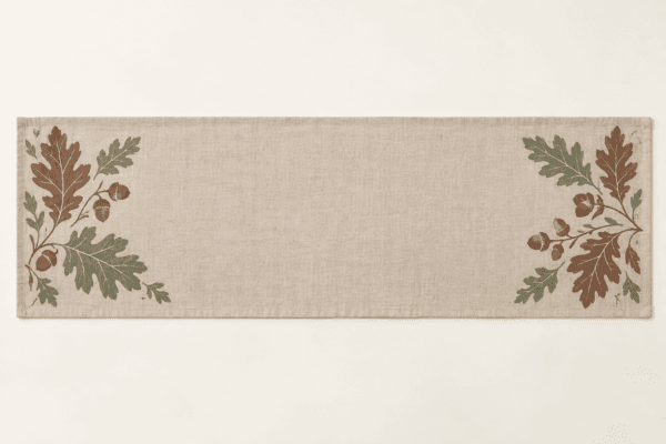 Woodland Oak Table Runner in flax, chestnut and sage — design visualization