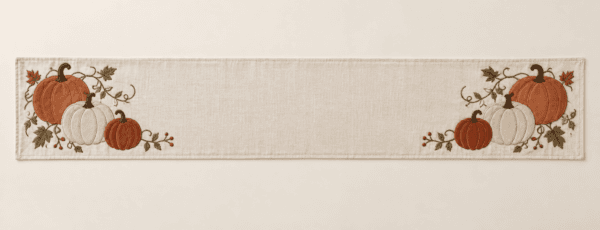 Heirloom Pumpkin Table Runner in ivory, terracotta and brown — design visualization