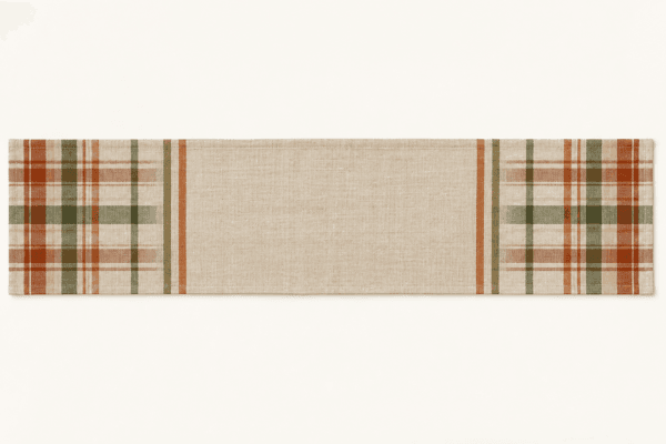 Gathering Plaid Table Runner in oatmeal, burnt orange and olive — design visualization