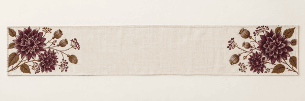 Mulberry Harvest Table Runner in warm white, plum and tobacco — design visualization