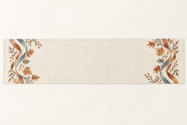 Cider Ribbon Table Runner in cream, copper and dusty blue — design visualization