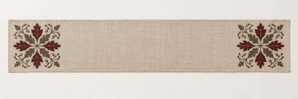 Harvest Medallion Table Runner in flax, burgundy and olive — design visualization
