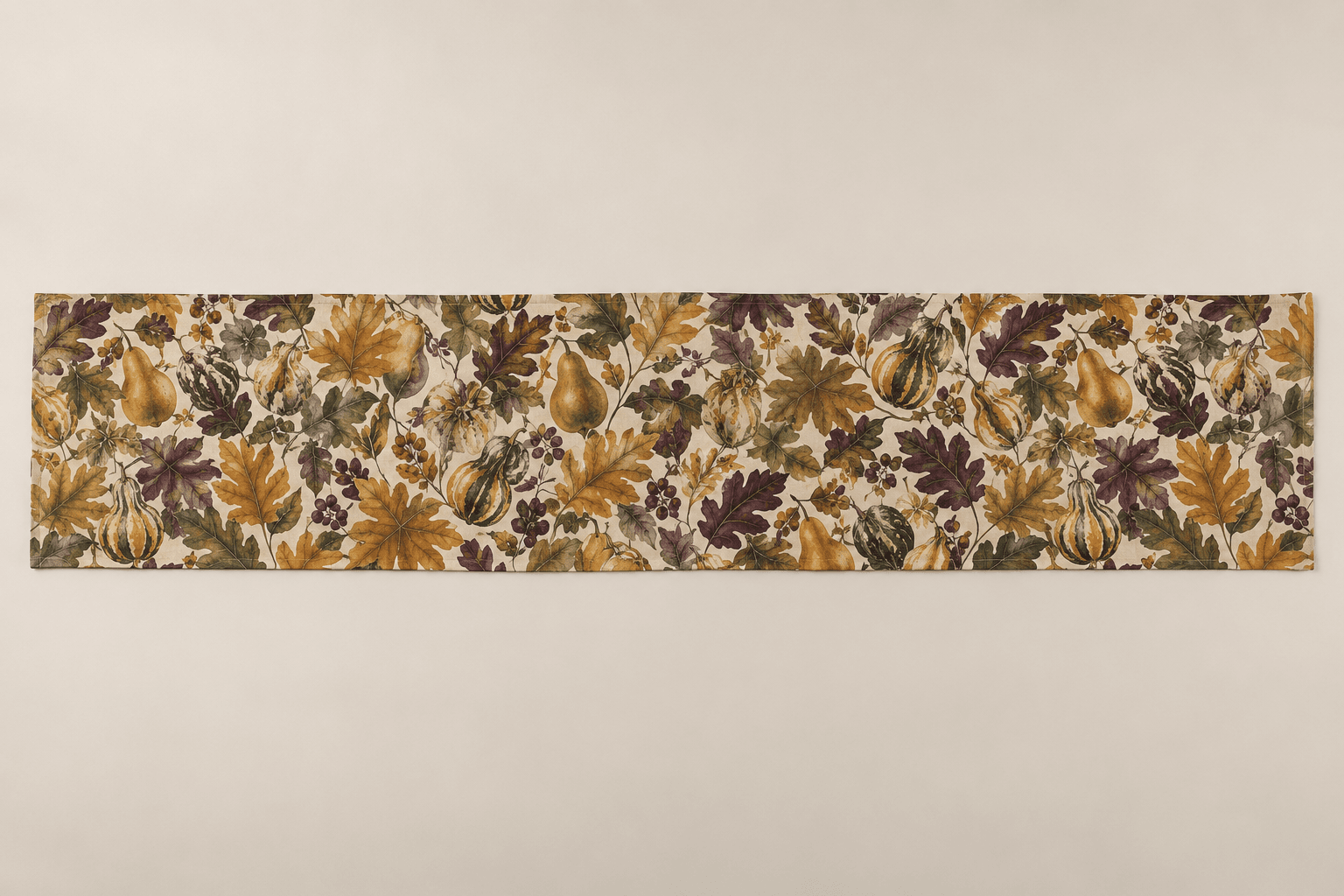 Harvest Tapestry — Table Runners in ochre, aubergine, moss, parchment — design visualization
