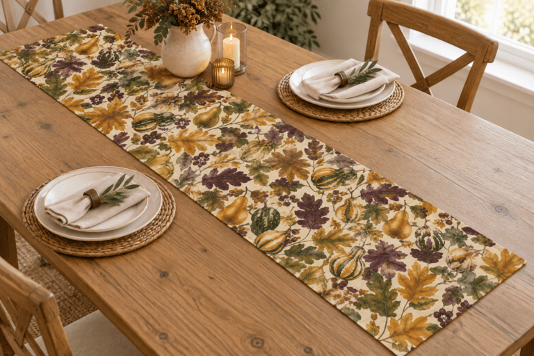 Harvest Tapestry — Table Runners in ochre, aubergine, moss, parchment in a styled setting — design visualization