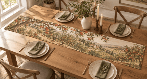 Orchard Panorama — Table Runners in terracotta, olive, warm cream, tobacco in a styled setting — design visualization