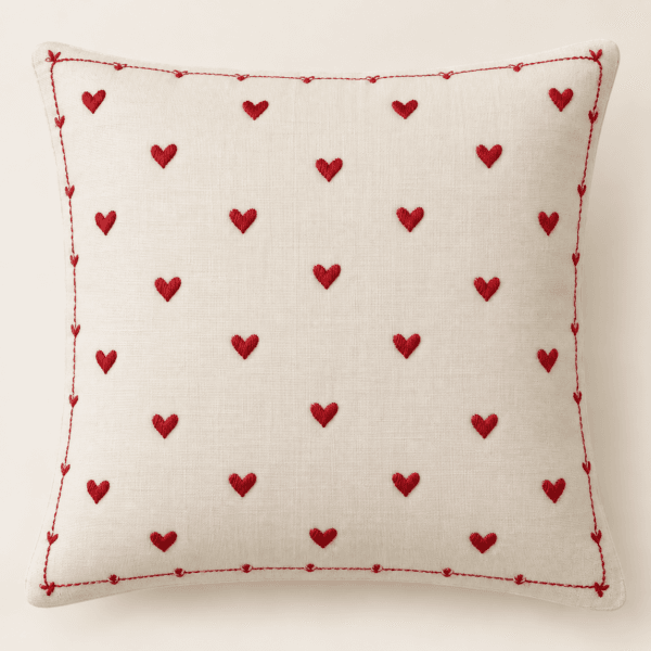 Little Hearts Decorative Pillow Cover in ivory and cherry red — design visualization