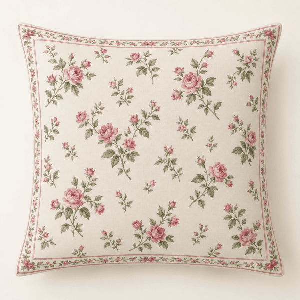 Rose Garden Decorative Pillow Cover in ivory, rose and sage — design visualization