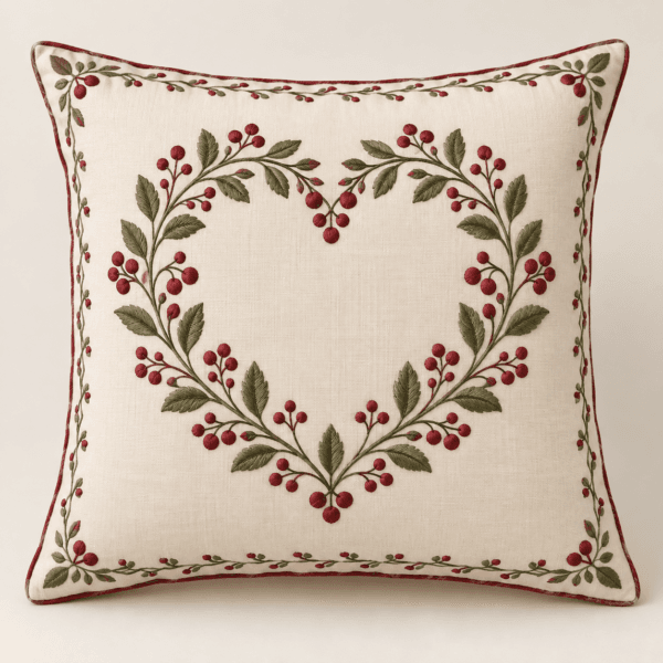 Heart Wreath Decorative Pillow Cover in ivory, wine and olive — design visualization